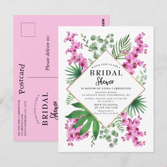 Watercolor Orchids Tropical Leaves Bridal Shower Postcard (Front/Back)