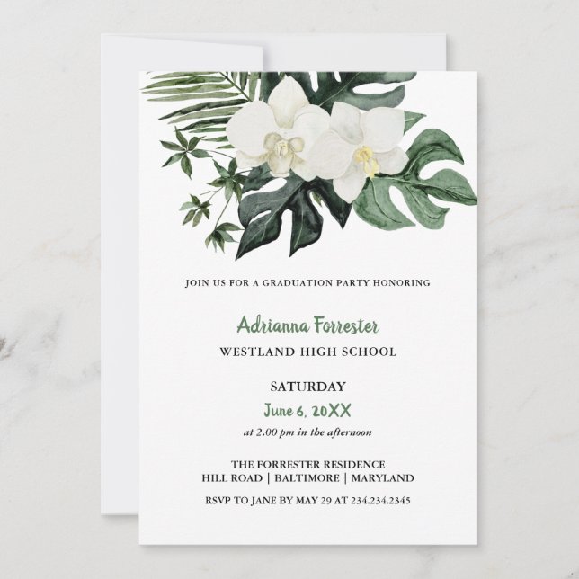 Watercolor Orchids Tropical Monstera Graduation Invitation (Front)