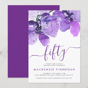 Watercolor Orchids Violet Fiftieth Birthday Party Invitation