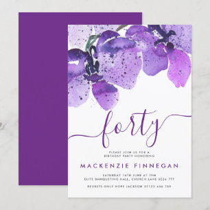 Watercolor Orchids Violet Fortieth Birthday Party Invitation