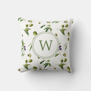 Watercolor Organic Olives Monogram Cushion