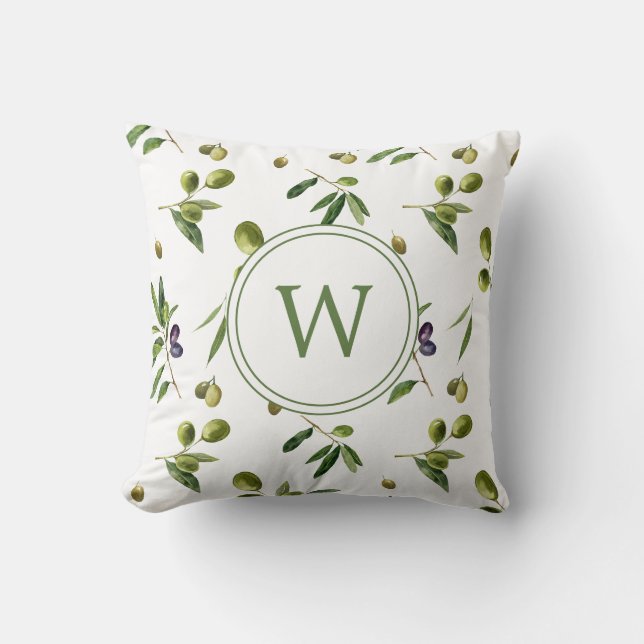 Watercolor Organic Olives Monogram Cushion (Front)
