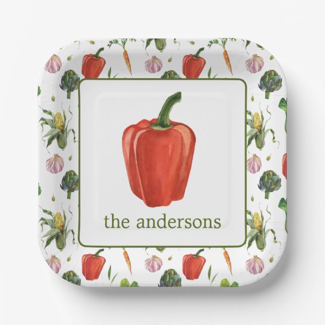 Watercolor Organic Produce Bell Pepper Paper Plate (Front)