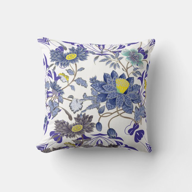 Watercolor Oriental Floral Blue Yellow Cushion (Front)