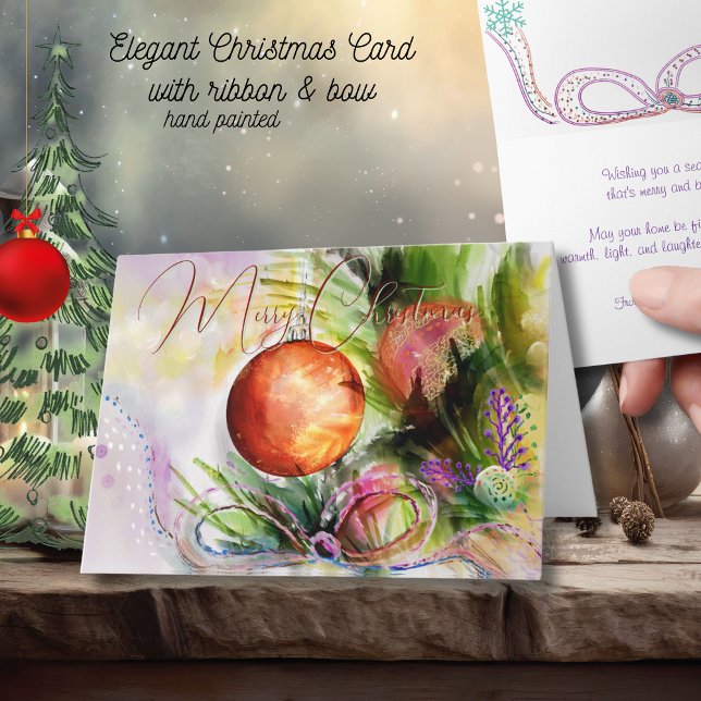 Watercolor Ornament and Festive Ribbon Christmas Card (Watercolor Ornament and Festive Ribbon Christmas Card)
