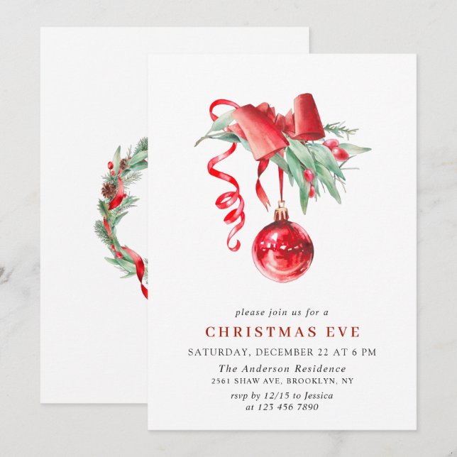 Watercolor Ornament Christmas Eve Holiday Party Invitation (Front/Back)