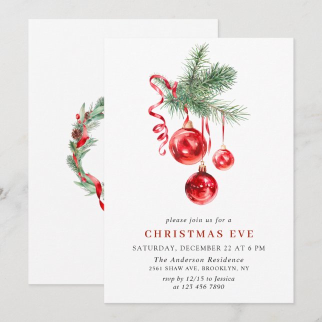 Watercolor Ornament Christmas Eve Holiday Party Invitation (Front/Back)