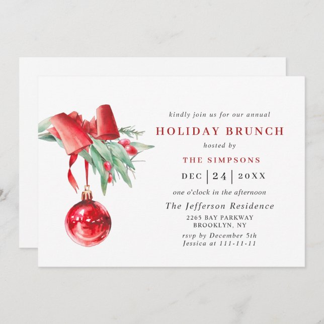 Watercolor Ornament CHRISTMAS HOLIDAY BRUNCH Invitation (Front/Back)