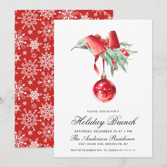 Watercolor Ornament CHRISTMAS HOLIDAY BRUNCH Invitation (Front/Back)
