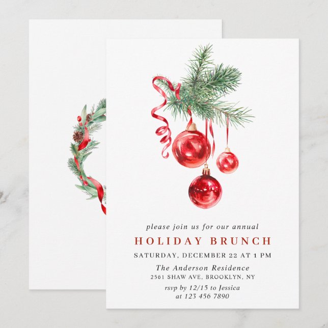 Watercolor Ornament CHRISTMAS HOLIDAY BRUNCH Invitation (Front/Back)