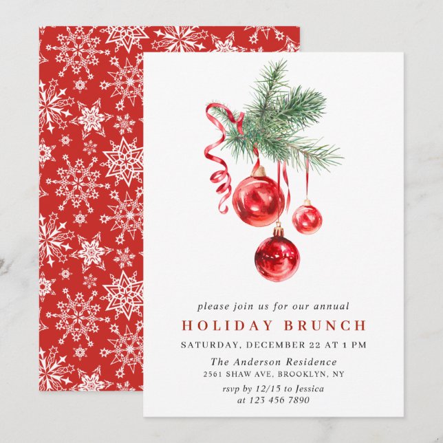 Watercolor Ornament CHRISTMAS HOLIDAY BRUNCH Invitation (Front/Back)