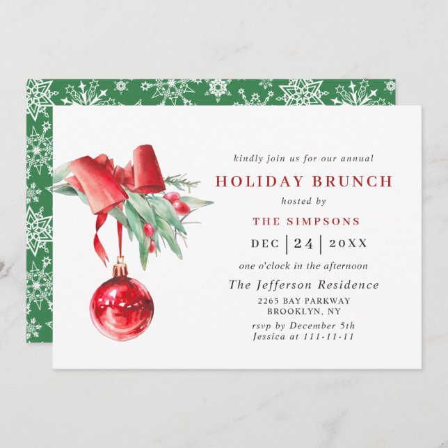 Watercolor Ornament CHRISTMAS HOLIDAY BRUNCH Invitation (Front/Back)