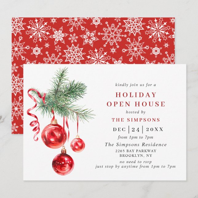 Watercolor Ornament CHRISTMAS HOLIDAY OPEN HOUSE Invitation (Front/Back)