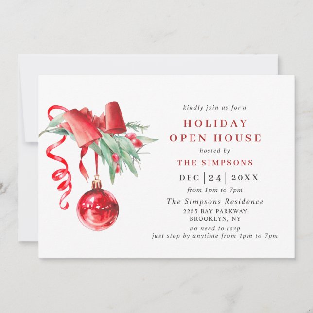 Watercolor Ornament CHRISTMAS HOLIDAY OPEN HOUSE Invitation (Front)