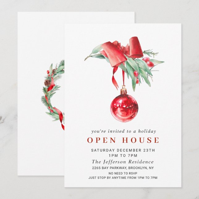 Watercolor Ornament CHRISTMAS HOLIDAY OPEN HOUSE Invitation (Front/Back)