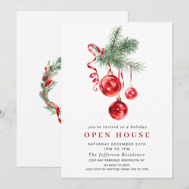Watercolor Ornament CHRISTMAS HOLIDAY OPEN HOUSE Invitation (Front/Back)