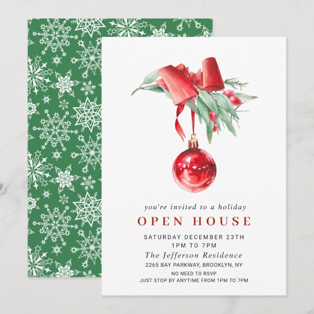 Watercolor Ornament CHRISTMAS HOLIDAY OPEN HOUSE Invitation (Front/Back)