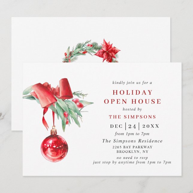 Watercolor Ornament CHRISTMAS HOLIDAY OPEN HOUSE Invitation (Front/Back)