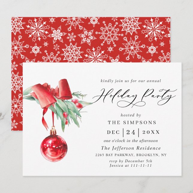 Watercolor Ornament Christmas Holiday Party Invitation (Front/Back)