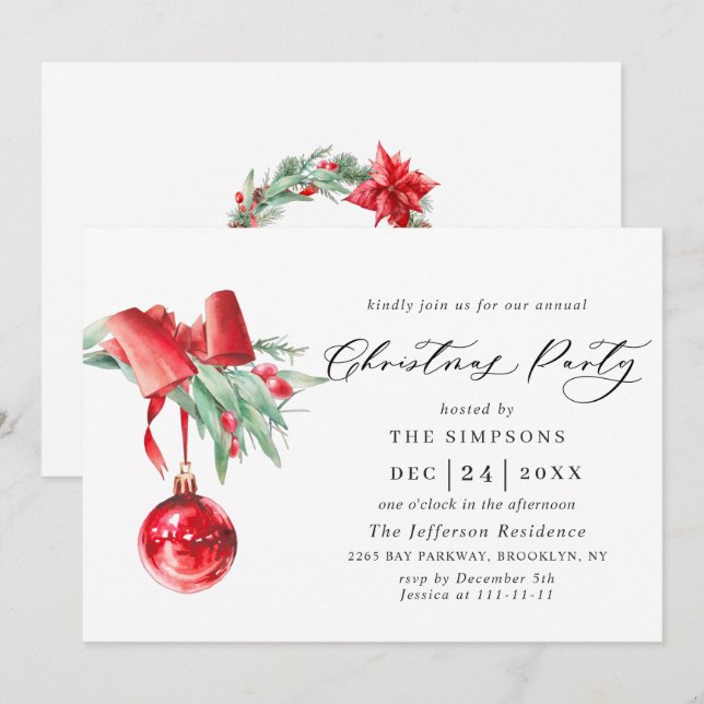 Watercolor Ornament Christmas Holiday Party Invitation (Front/Back)