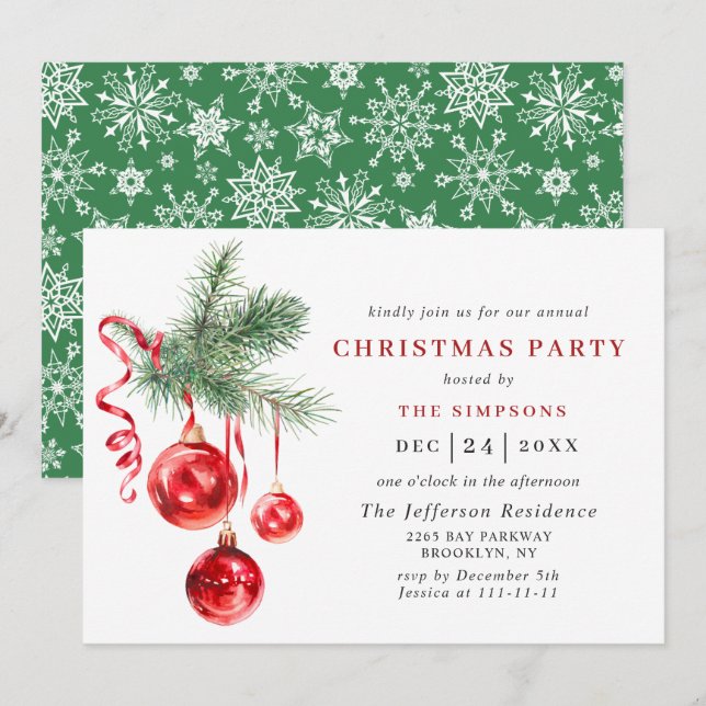 Watercolor Ornament Christmas Holiday Party Invitation (Front/Back)