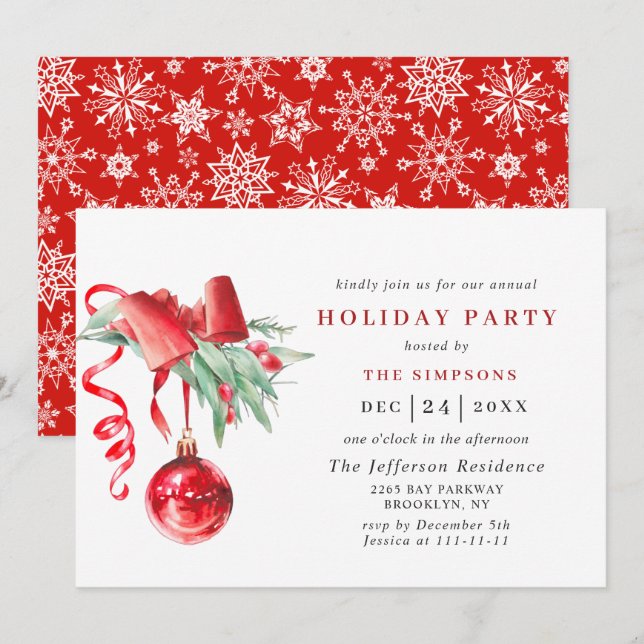Watercolor Ornament Christmas Holiday Party Invitation (Front/Back)