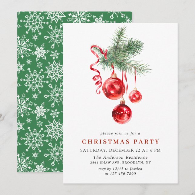 Watercolor Ornament Christmas Holiday Party Invitation (Front/Back)