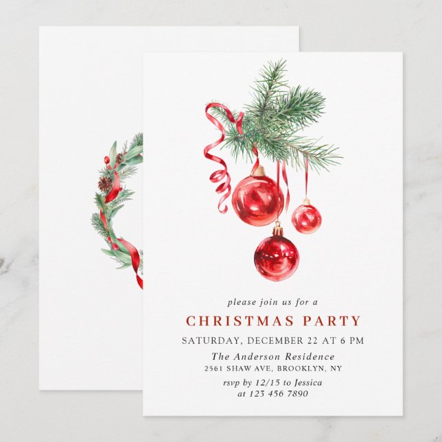 Watercolor Ornament Christmas Holiday Party Invitation (Front/Back)