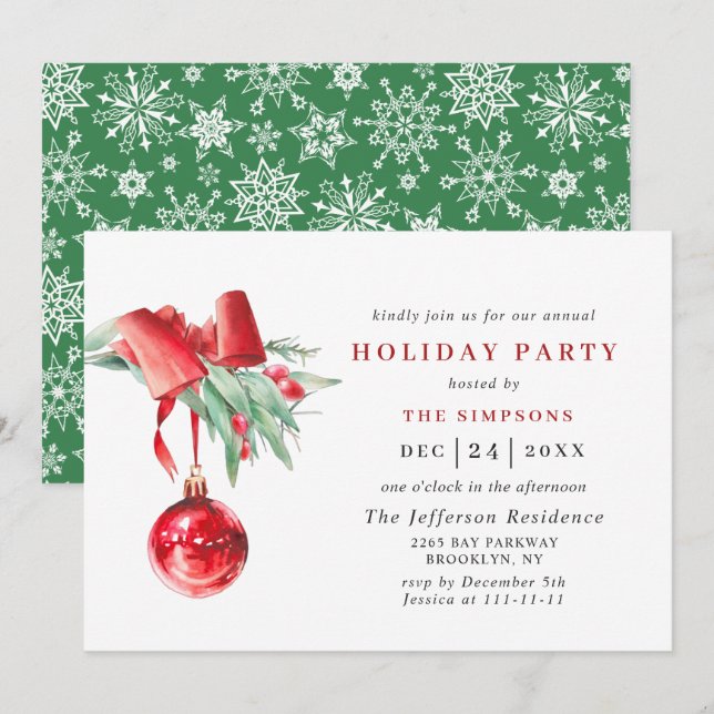 Watercolor Ornament Christmas Holiday Party Invitation (Front/Back)