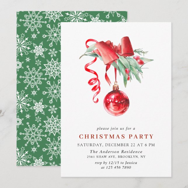 Watercolor Ornament Christmas Holiday Party Invitation (Front/Back)