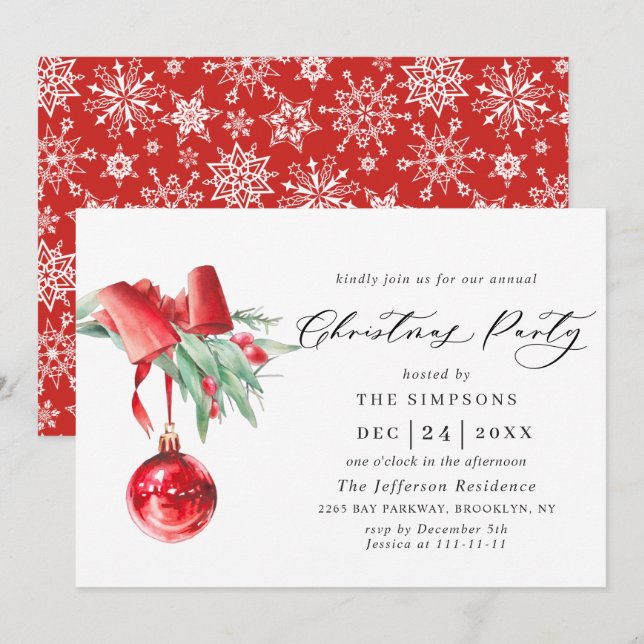Watercolor Ornament Christmas Holiday Party Invitation (Front/Back)