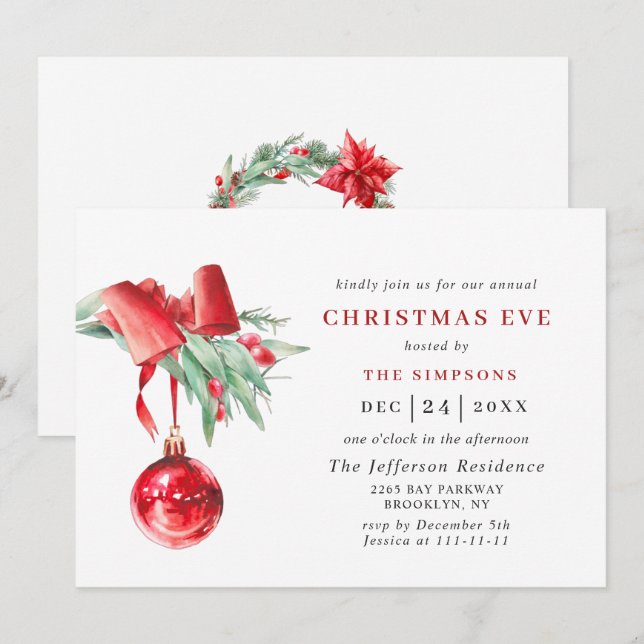 Watercolor Ornament Holiday CHRISTMAS EVE Invitation (Front/Back)