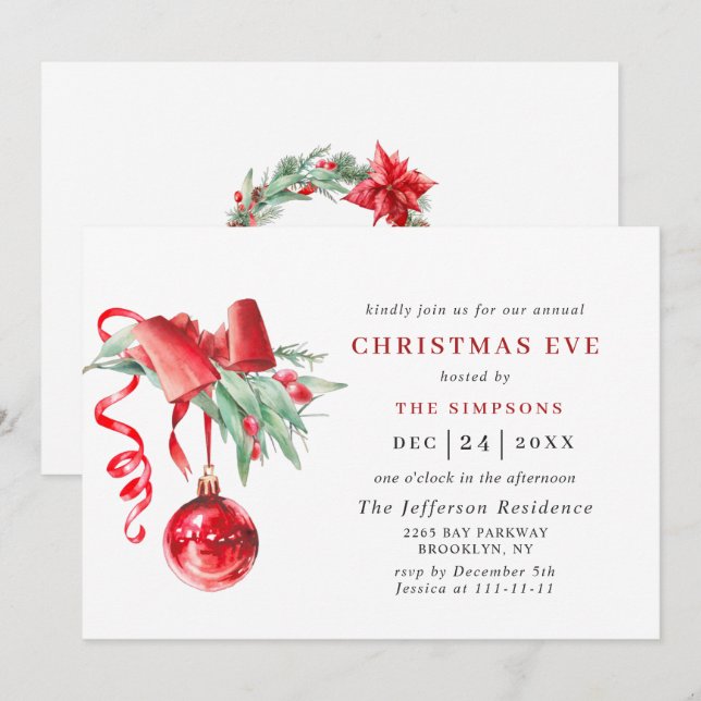 Watercolor Ornament Holiday CHRISTMAS EVE Invitation (Front/Back)