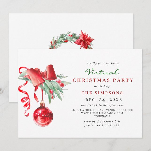 Watercolor Ornament VIRTUAL Christmas Party Invitation (Front/Back)