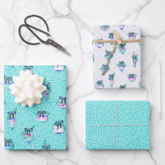 Watercolor Ornaments Aqua Snow Polka Dot Wrapping Paper Sheet