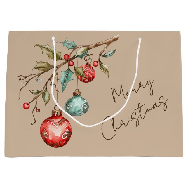 Watercolor Ornaments Beige Christmas Script Large Gift Bag (Front)