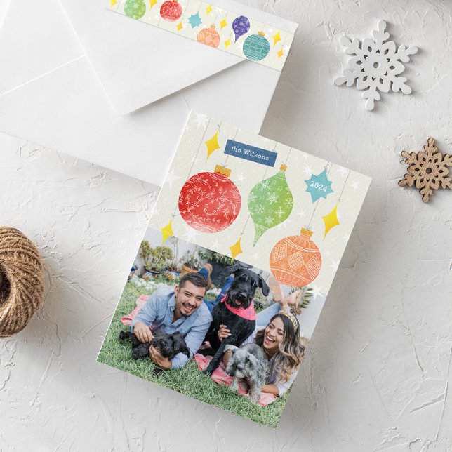 Watercolor Ornaments Christmas Holiday Two Photo (Colorful and bright watercolor Christmas tree ornaments holiday photo card)