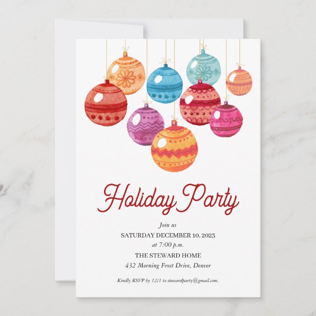 Watercolor Ornaments Colourful Holiday Party Invitation (Front)