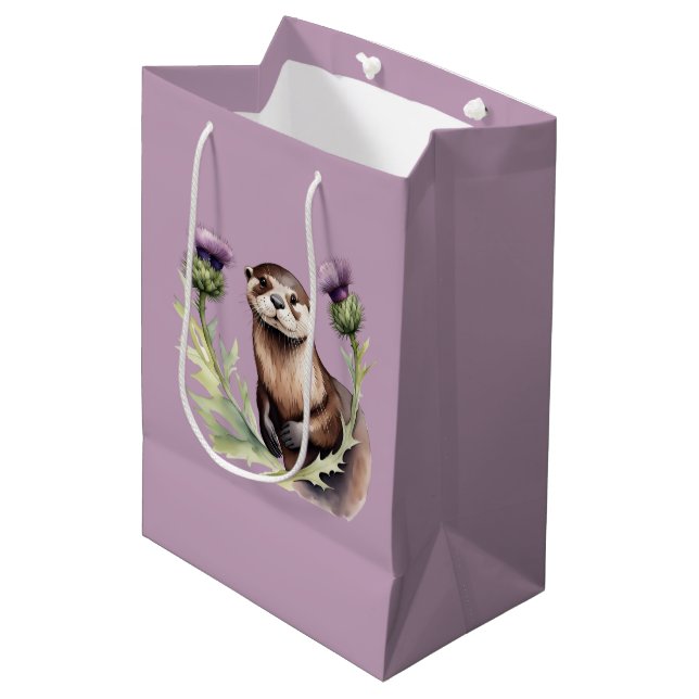 Watercolor Otter and Thistles Medium Gift Bag (Front Angled)
