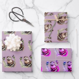 Watercolor Otter and Thistles Wrapping Paper Sheet