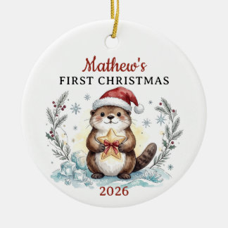 Watercolor Otter Baby First Christmas Custom Ceramic Tree Decoration