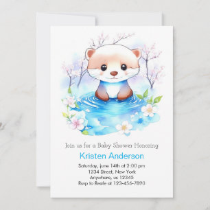 Watercolor Otter Blue Floral Boy Baby Shower Invitation