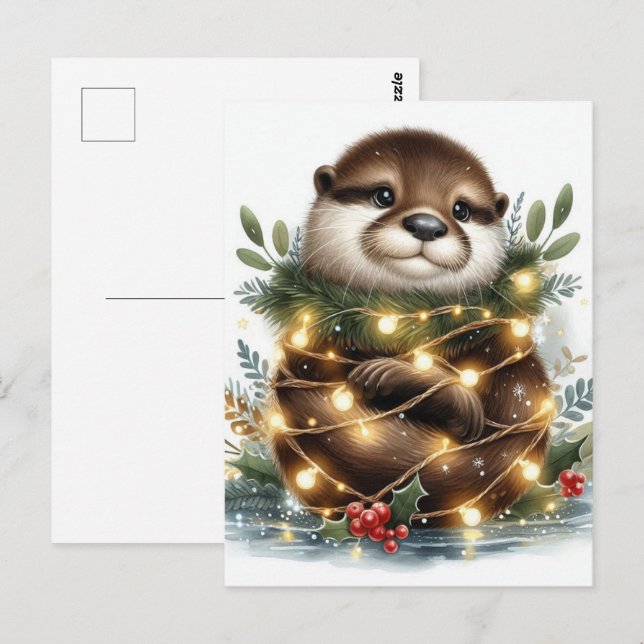 Watercolor Otter Christmas Lights Postcard (Front/Back)