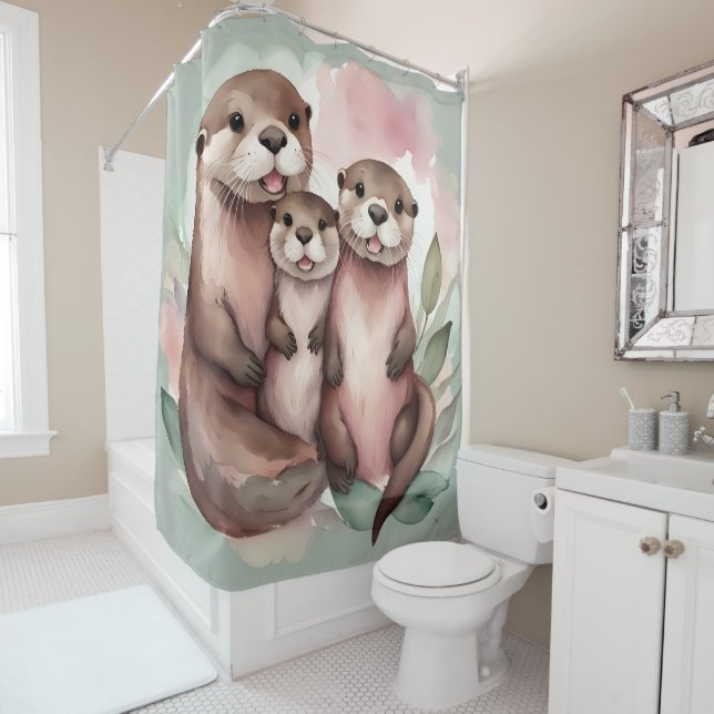 Watercolor Otter Family Shower Curtain (In Situ)