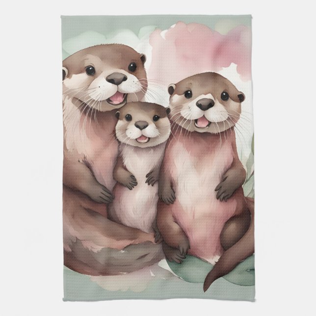 Watercolor Otter Family Tea Towel (Vertical)