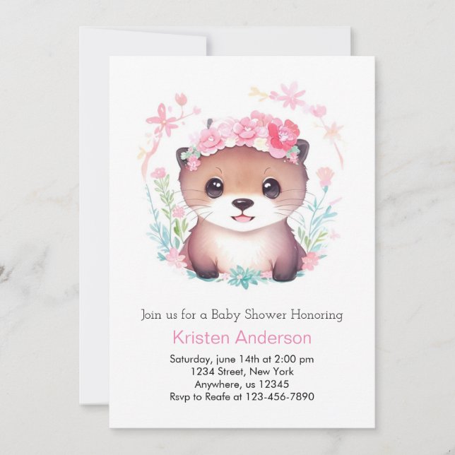 Watercolor Otter Wonderland Girl Baby Shower Invitation (Front)