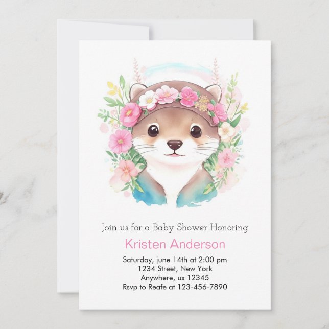 Watercolor Otter's Joy Girl Baby Shower Invitation (Front)