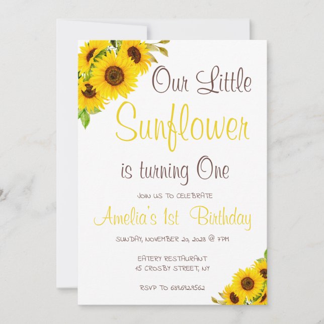 Watercolor Our Little Sunflower Floral Birthday Invitation (Front)