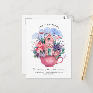 Watercolor Our New Home Pink Tea Cup Floral  Postcard
