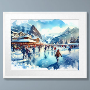Watercolor Outdoor Ice Skating Winter Resort Poster